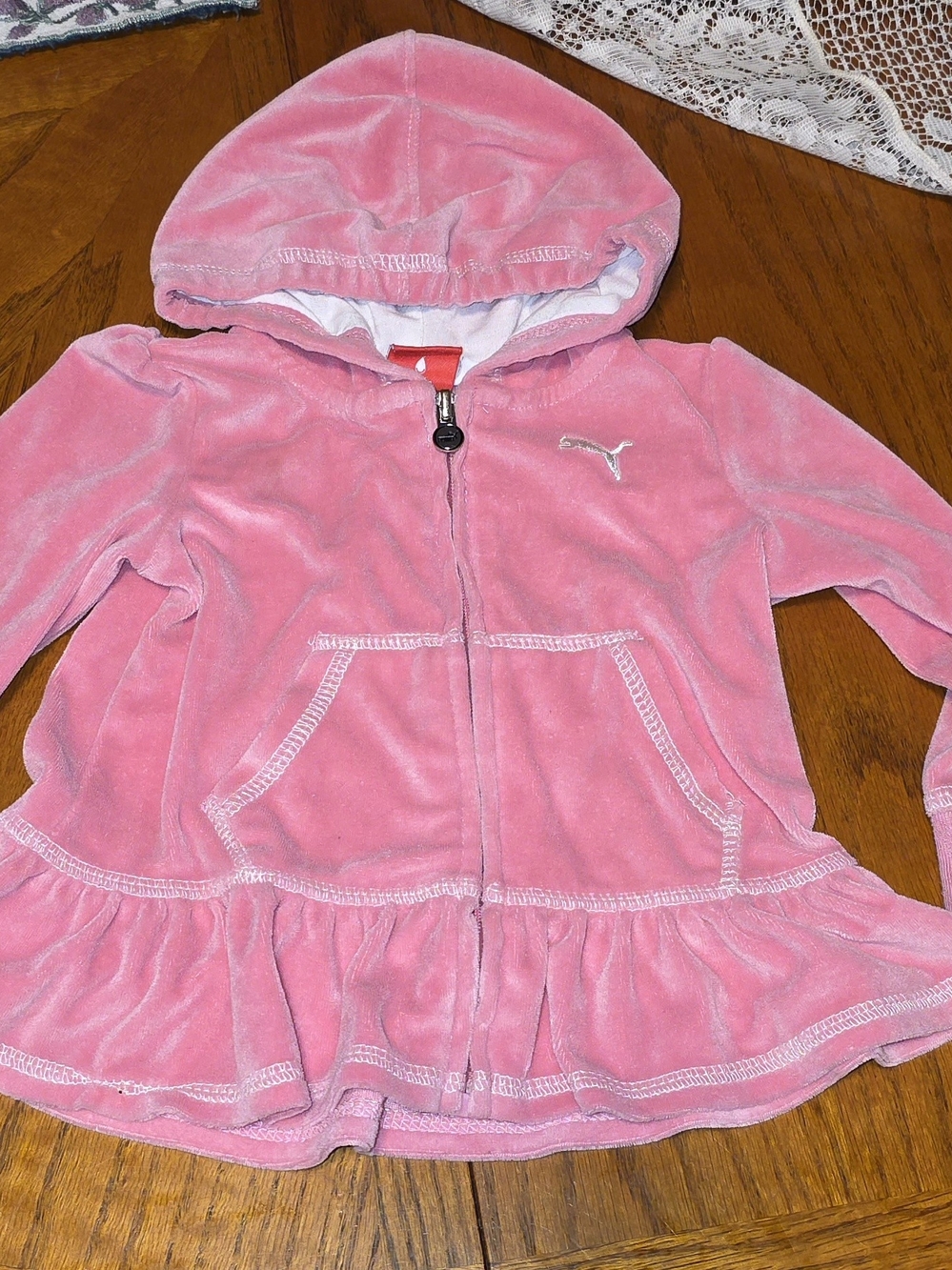 Puma Pink Velour Hooded Ruffle Zip Jacket
